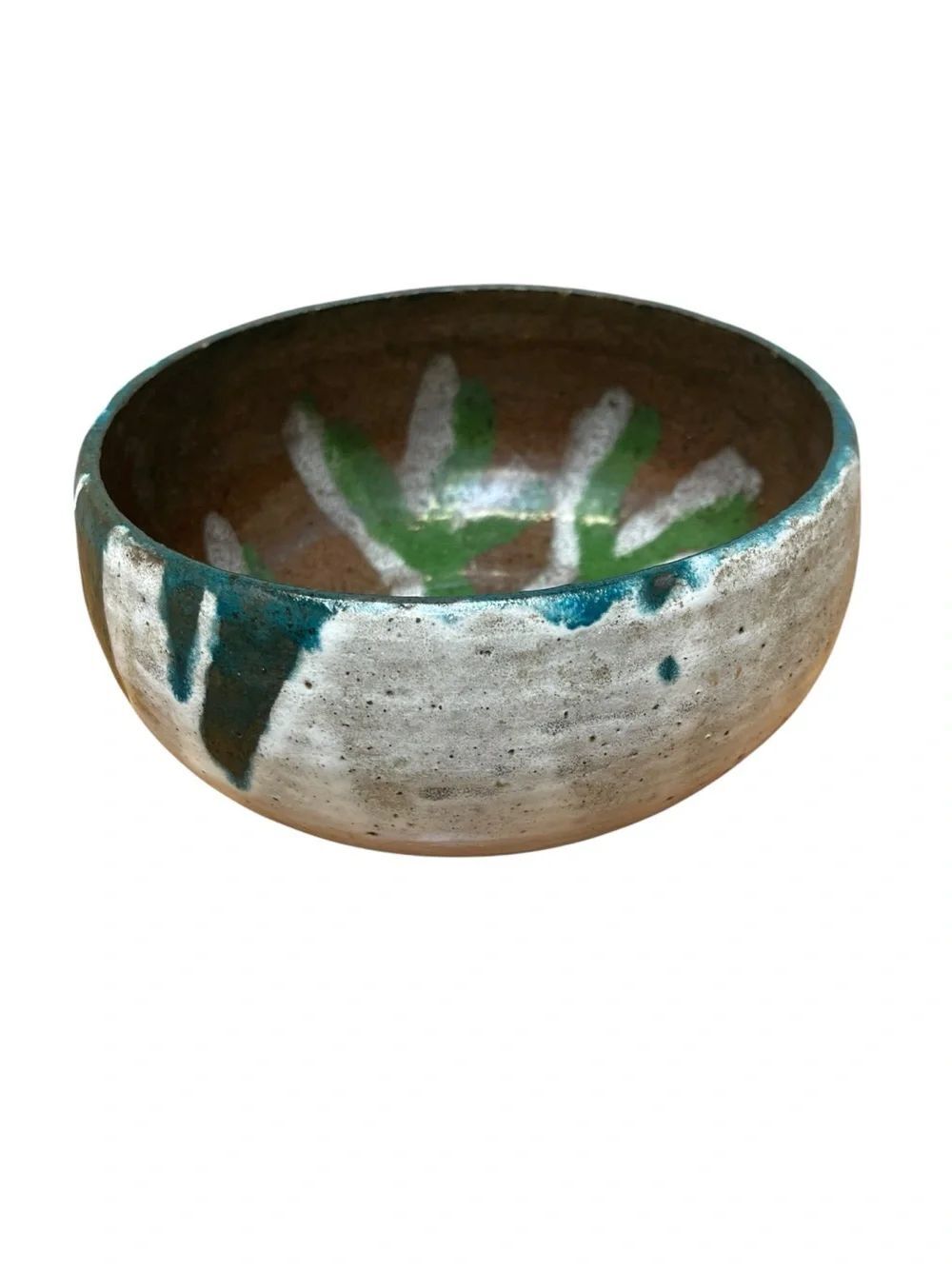 Vintage 1974 Handmade Pottery Bowl Signed D Rock Rustic Stoneware Green Decor